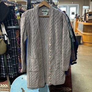 Vintage Arancrafts Ireland Cable Knit Merino Wool Taupe Cardigan Sweater